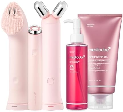 medicube Pink 3-in-1 Device & Skincare Set: Mini Booster Pro Plus Full Set, PDRN Jelly to Foam Cleanser and PDRN Booster Gel | Cleanse, Boost & Clear Pores for Radiant, Smooth Skin | Korean Device