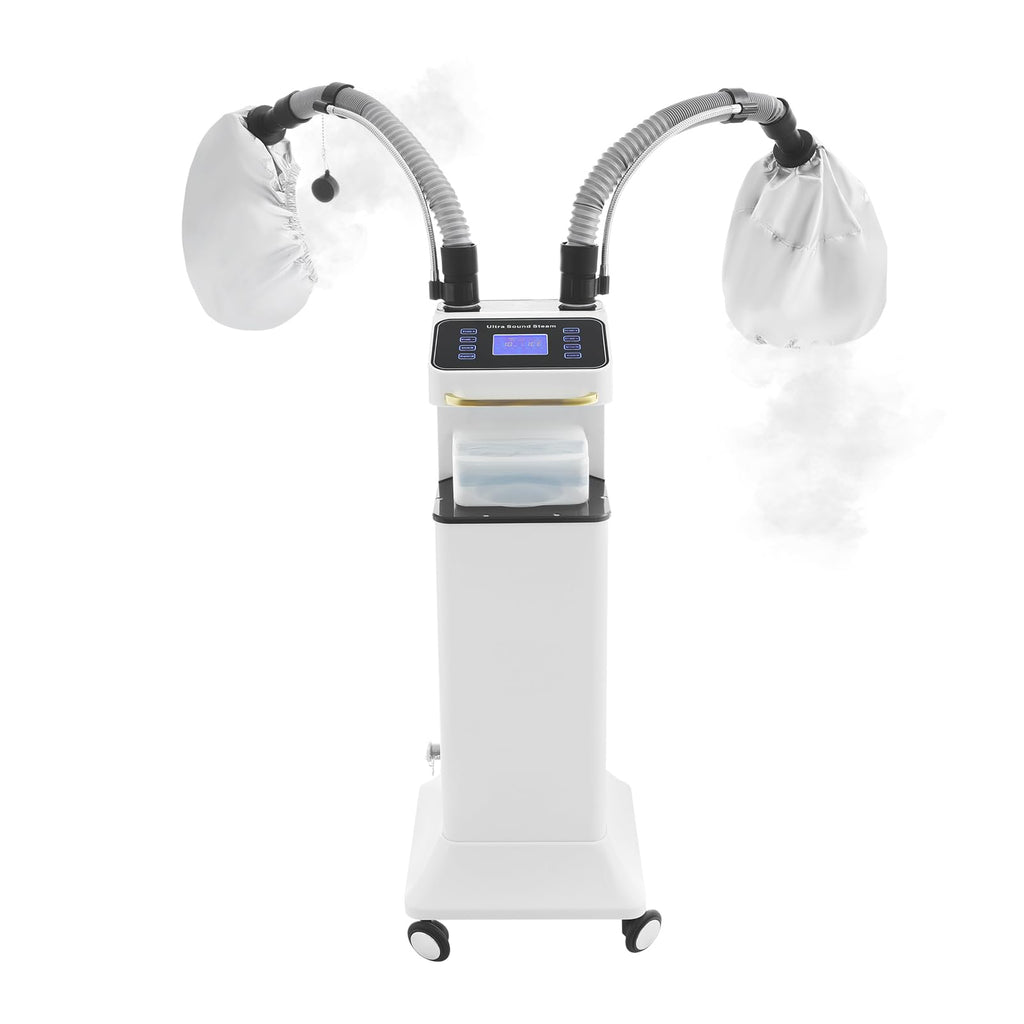 800W Nano Hooded Hair Steamer, Professional Micro Mist Hair Care Steamer with 2 Steam Caps, Salon Hair Deep Conditioning Machine with Adjustable TEM 33.8-167℉ & Timer for Home Salon SPA Use (White)