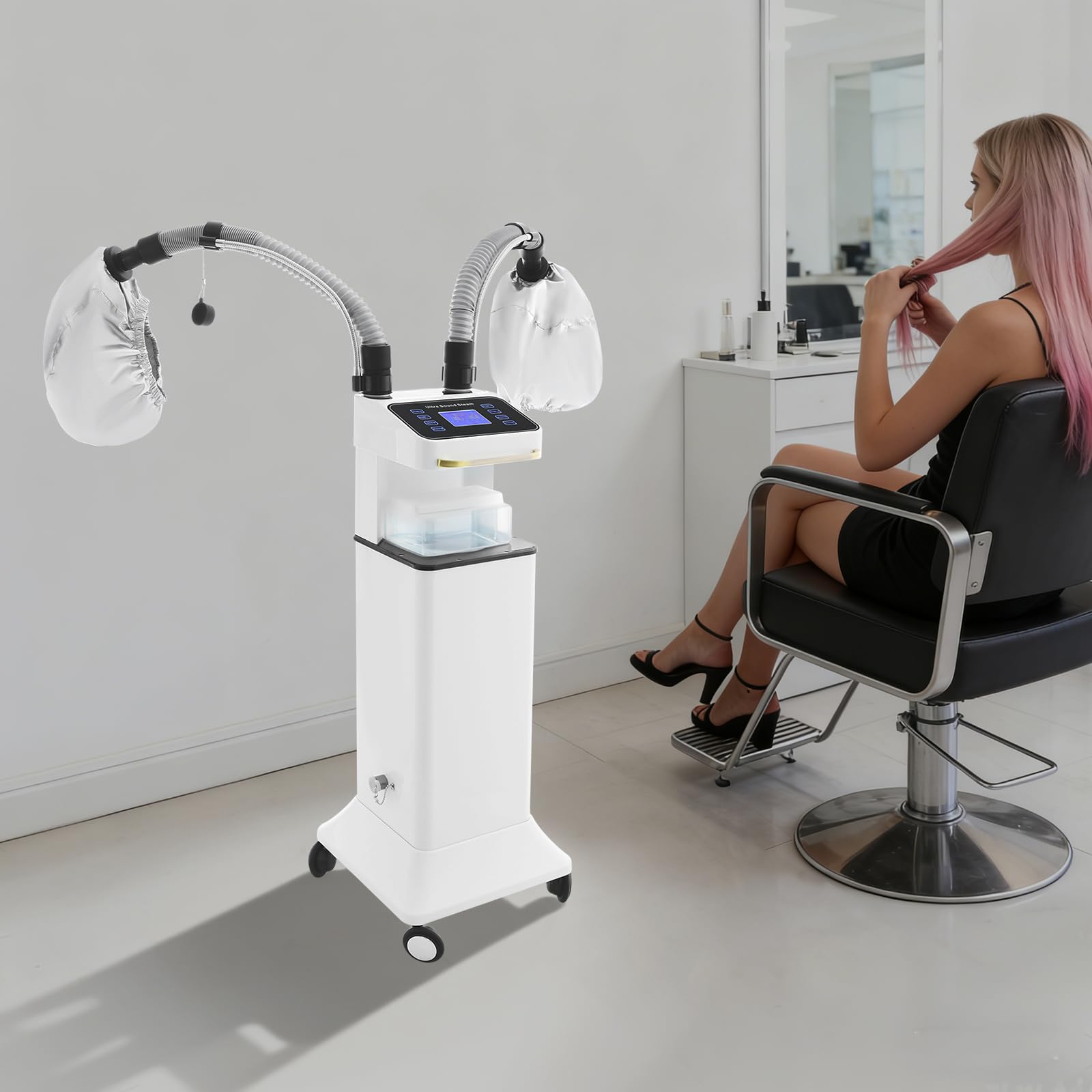800W Nano Hooded Hair Steamer, Professional Micro Mist Hair Care Steamer with 2 Steam Caps, Salon Hair Deep Conditioning Machine with Adjustable TEM 33.8-167℉ & Timer for Home Salon SPA Use (White)