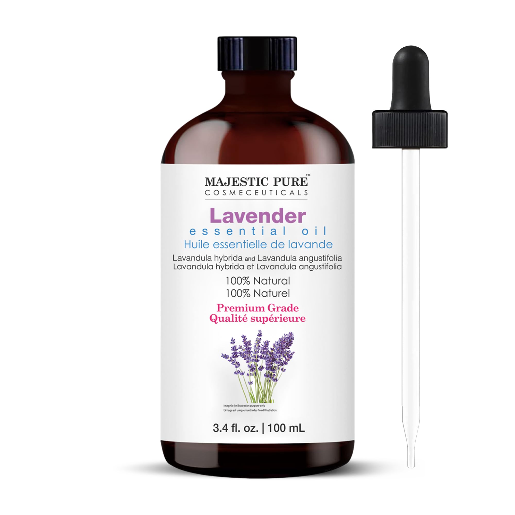 Majestic Pure Essential Oil with Glass Dropper - 100% Pure and Natural - Essential Oils for Diffuser, Aromatherapy, Soap and Candle Making, Lavender Essential Oil, Lavender Oil, 4 Fl Oz