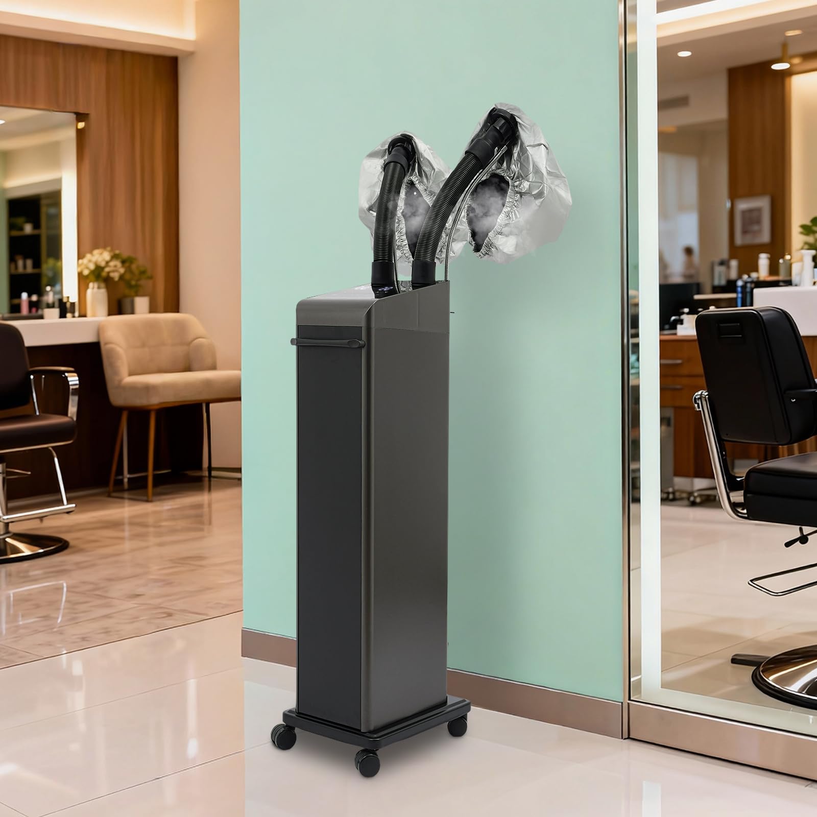 800W Nano Hooded Hair Steamer, Professional Micro Mist Hair Care Steamer with 2 Steam Caps, Salon Hair Deep Conditioning Machine with Adjustable TEM 33.8-167℉ & Timer for Home Salon SPA Use (White)