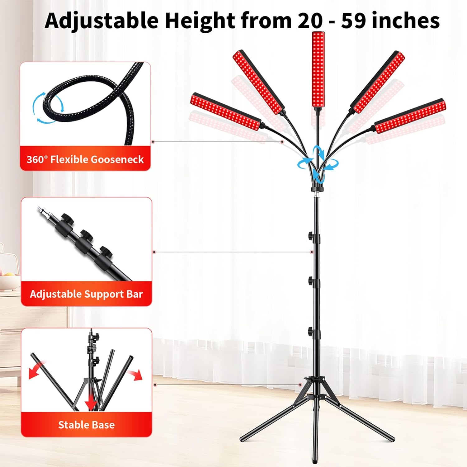 Red Light Therapy for Face and Body Red Light Infrared Light Therapy Lamp with Stand LED 660nm 850nm 5 Heads 7-Colors Infrared Light Device for Body