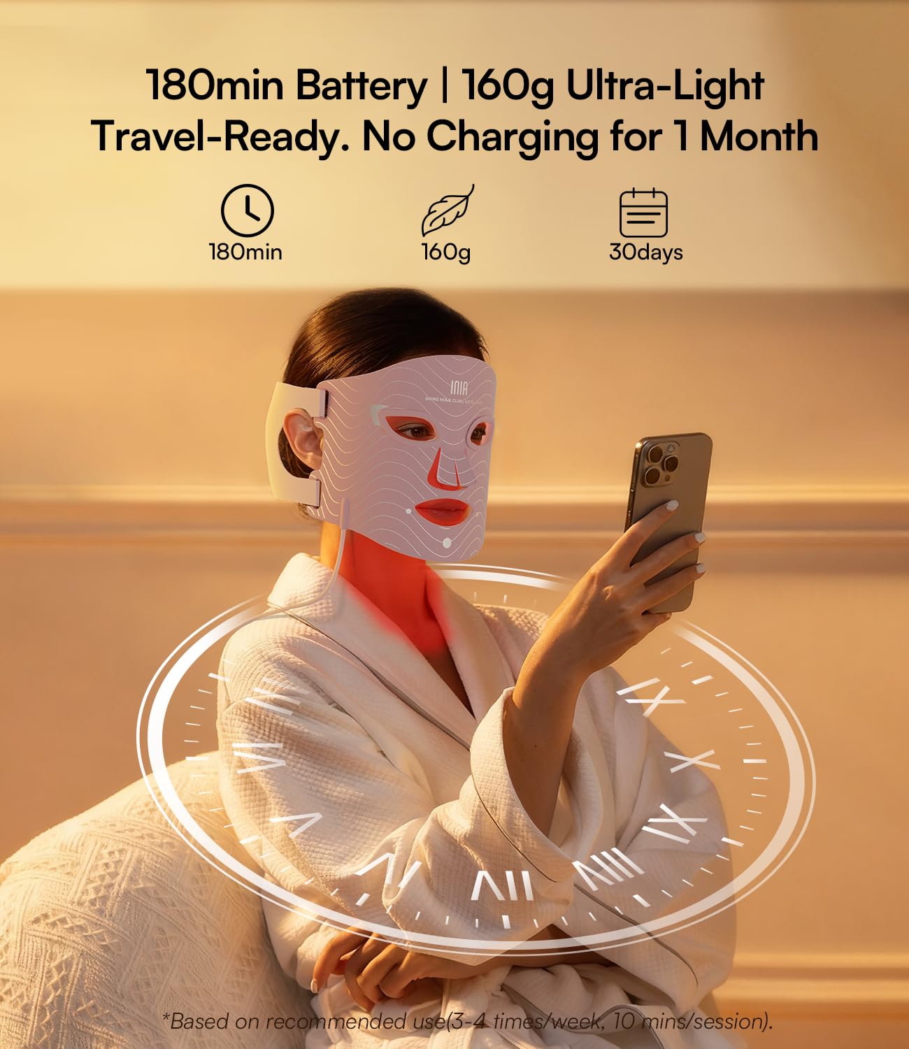 INIA Red Light Therapy Mask for Face – 4 Light Modes with 850nm NIR, Red & Blue LED Light Therapy, 2600mAh Rechargeable LED Face Mask for Radiant Glow at Home, Black