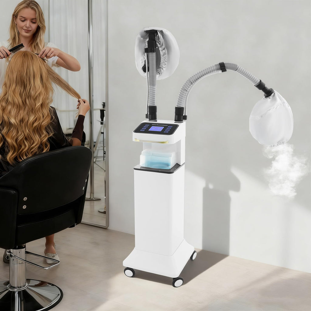 800W Nano Hooded Hair Steamer, Professional Micro Mist Hair Care Steamer with 2 Steam Caps, Salon Hair Deep Conditioning Machine with Adjustable TEM 33.8-167℉ & Timer for Home Salon SPA Use (White)