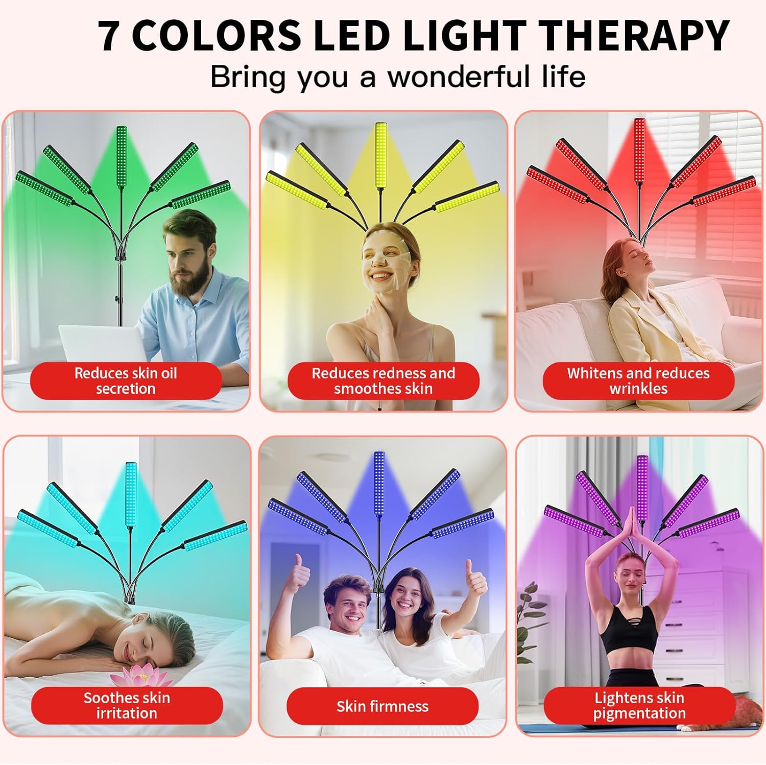 Red Light Therapy for Face and Body Red Light Infrared Light Therapy Lamp with Stand LED 660nm 850nm 5 Heads 7-Colors Infrared Light Device for Body